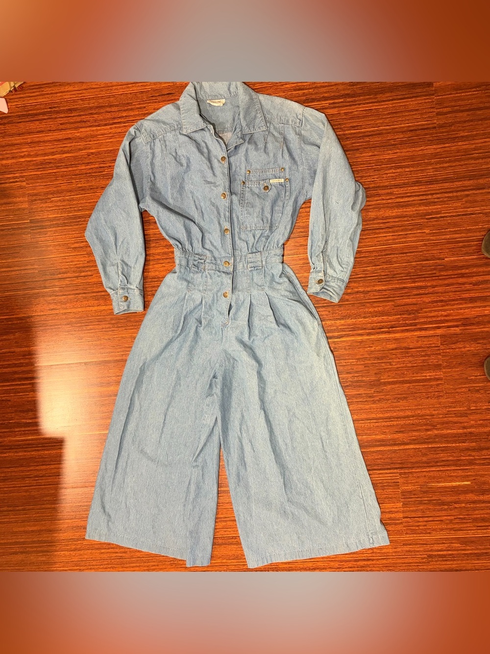 Vintage 80s Dreams Button Up Lightweight Denim Jumpsuit Wide Leg Culotte size 8